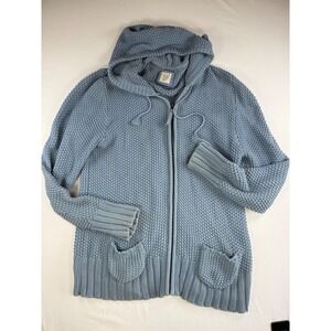 VINTAGE Old Navy Womens XXL Blue Chunky Cotton Knit Full Zip Hooded